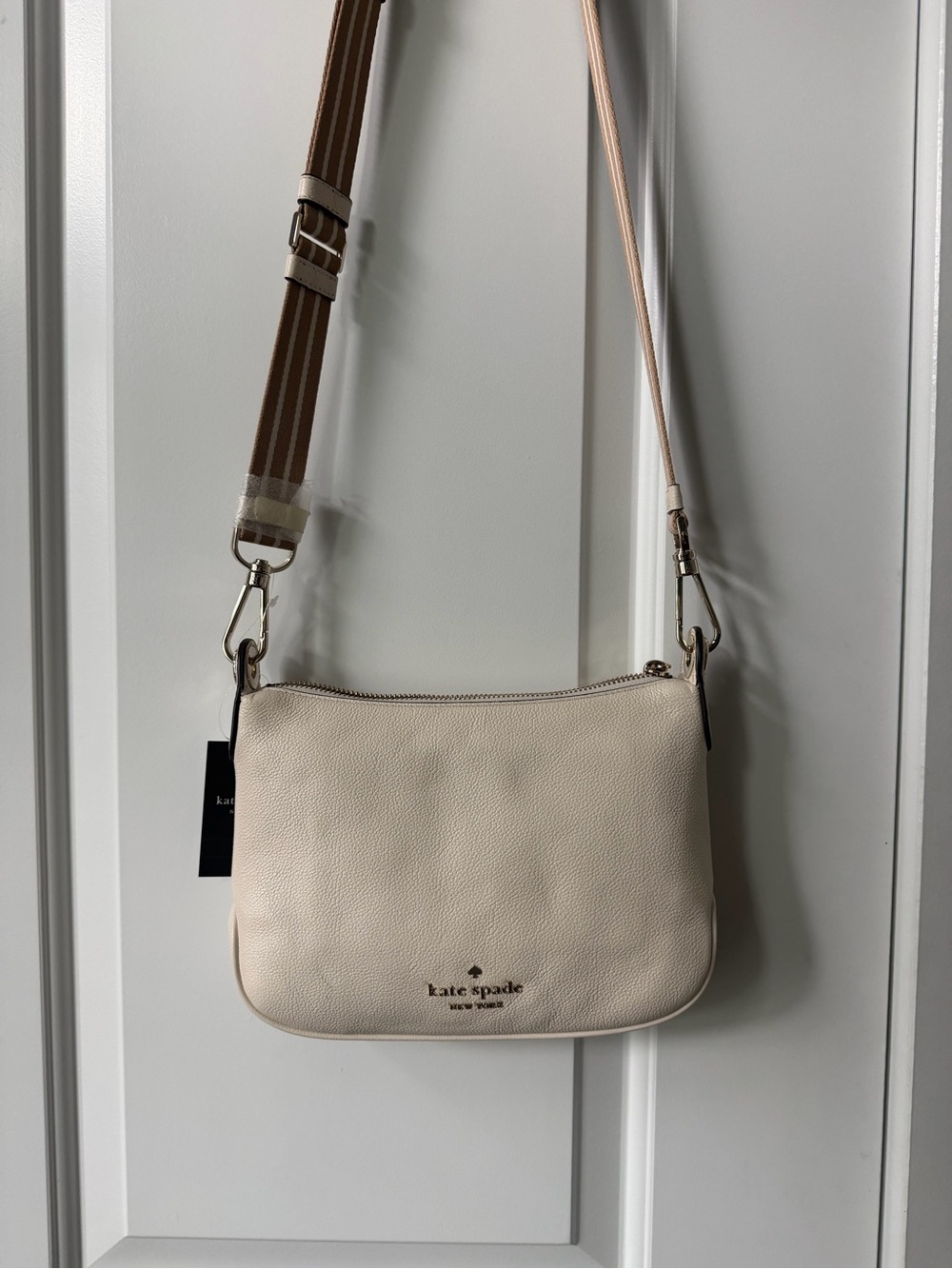 kate spade Cream Pebbled Leather Crossbody with Striped Strap